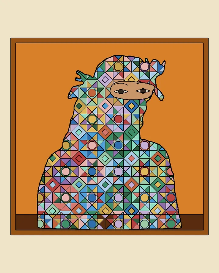 La velada, lámina del volumen I: una figura con velo hecha de geometrías de colores sobre fondo naranja, con marco